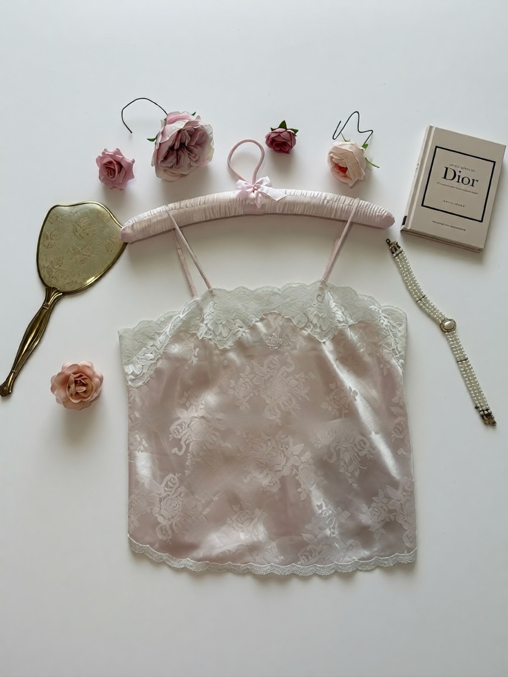 Vintage Christian Dior Pink Satin Lace-Trim Camisole